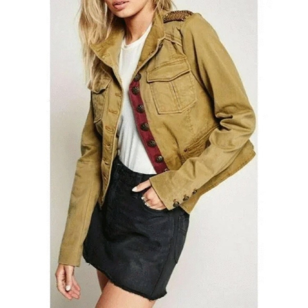 Free People Military Jacket Shrunken Officer Gold Beaded OB527420 Size Small